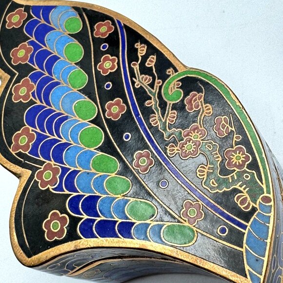 Cloisonné Vtg Brass Butterfly Trinket Box Blue Green Black Gold Tone Chinese - Picture 15 of 15